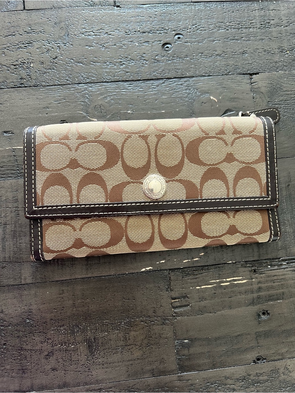 Coach Signature Continental Wallet in Brown and Beige